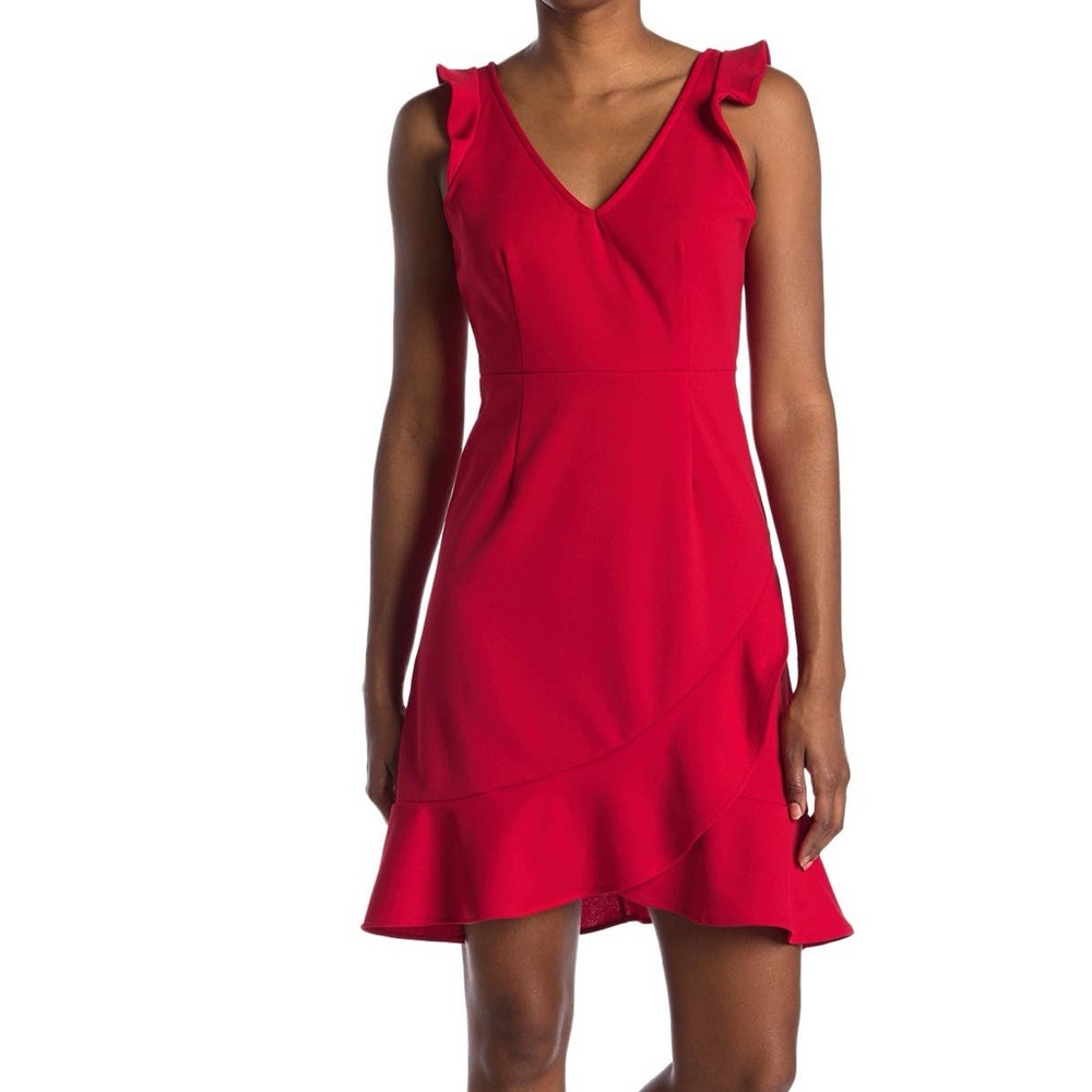 THE VANITY ROOM Red Crepe Ruffle Mini Dress